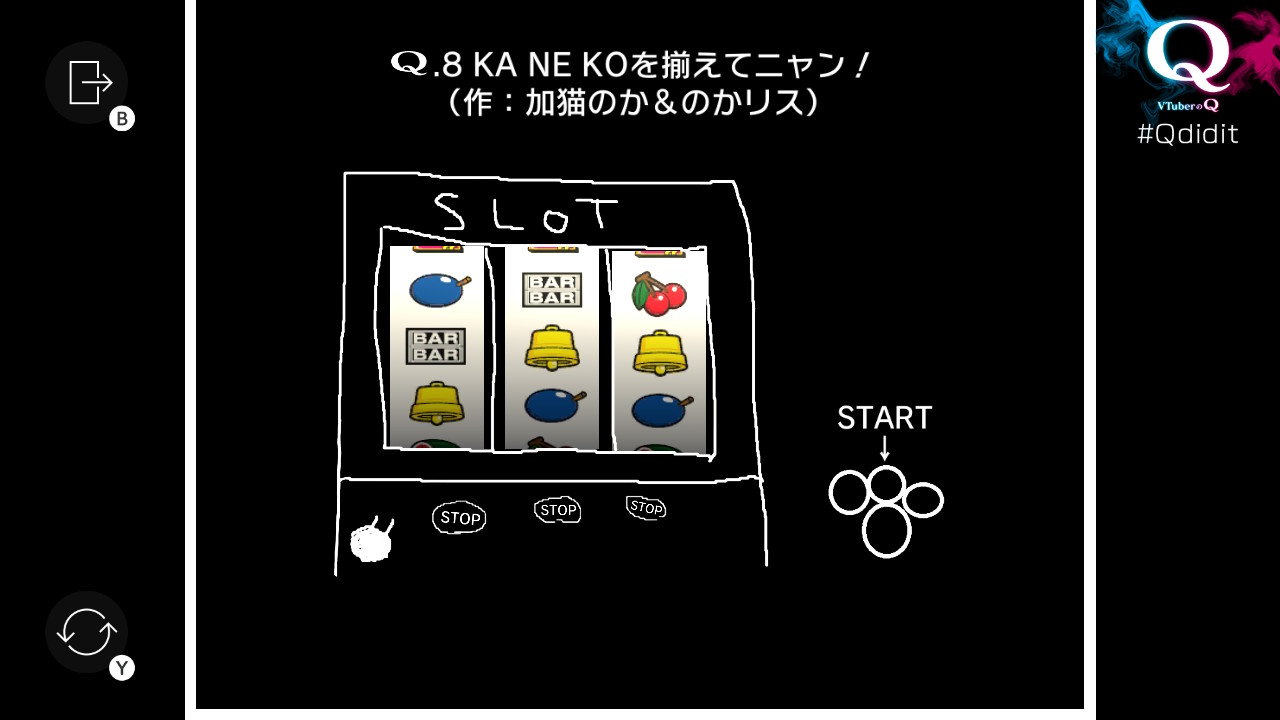 (VTuberのQ: STAGE 01-8「KA NE KOを揃えてニャン! (作: 加猫のか&のかリス)」) 手描きのスロットマシーンの中に、整形されたリールがセットされている問題